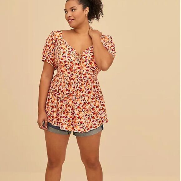 BABYDOLL CRINKLE GAUZE SMOCKED BACK PUFF SLEEVE TOP - Picture 1 of 6